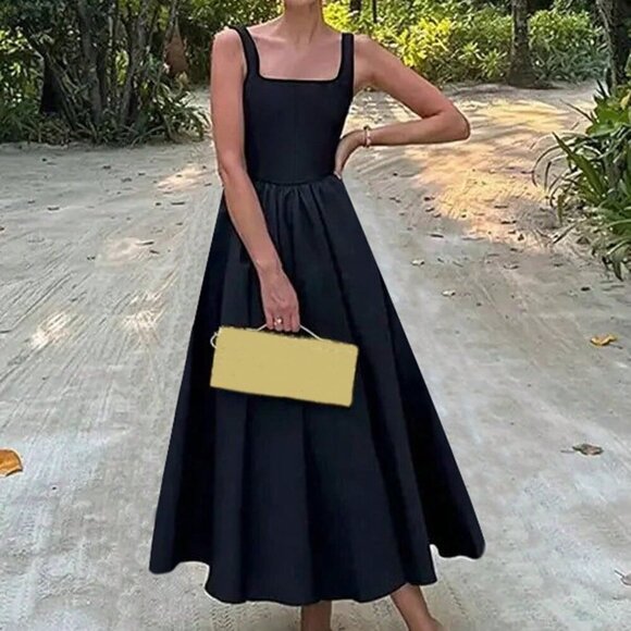 Black Elegant Women's Sleeveless V-Neck Ruffled Waist Fitted Midi Dress - Picture 1 of 4